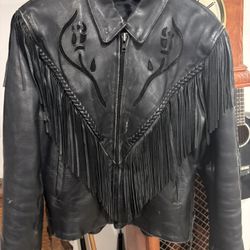 Vintage 80s/90s Black Leather Fringe Western Biker Jacket Made in Pakistan