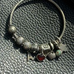 PANDORA BRACELET WITH 12 CHARMS S 925 ALE Mother & Daughter& Hearts