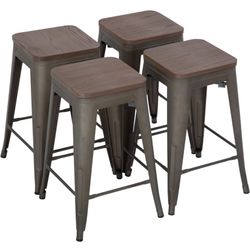 24 Inches Metal Bar Stools Set of 4 Counter Height Wood Seat Barstool Patio Stool Stackable Backless Stool Indoor Outdoor Metal Kitchen Stools Bar Cha