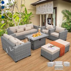 NEW🔥Outdoor Patio Furniture HDPE WICKER Grey with Beige 4" cushions and Firepit ASSEMBLED