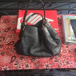 black pebbled leather Coach Madison Phoebe Shoulder Bag with gold-tone hardware. 