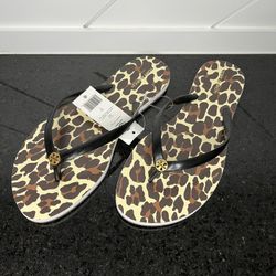 Tory Burch - Chelsea Flip Flop - Black with Leopard Print Sole (Black/Brown/Ivory/White) - Size 7