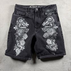 Ninth Hall Waylay Black Raw Denim Men’s 30 Black Shorts Embroidered #3095