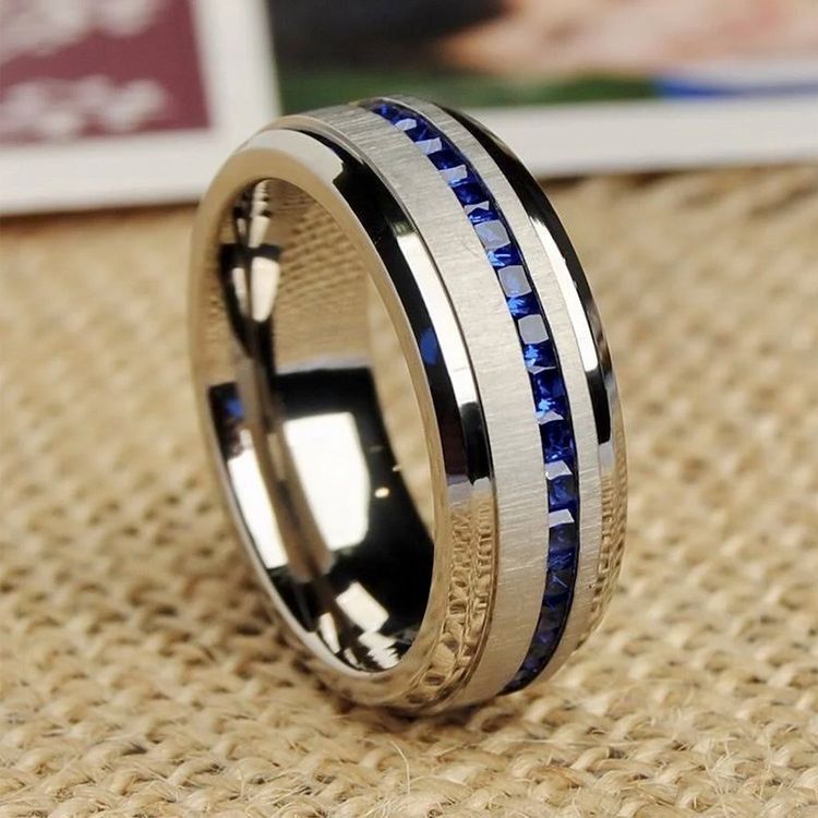 8MM - MENS TITANIUM WEDDING BAND WITH BLUE SAPPHIRE TITANIUM RING