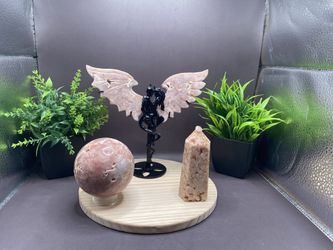 Hand Carved Druzy Sakura Pink Agate Forbidden Love  Wings 208 g 7” x 7 1/2”, sphere 496 g of 72 mm, tower 187 g 3.8 inches bundle