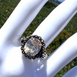 Vintage Sterling Silver Marcasite Halo Cocktail Ring Clear Oval Stone