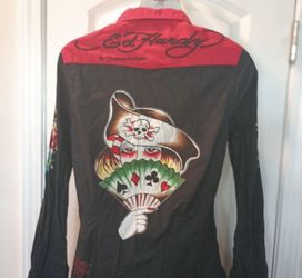 Ed Hardy Women Black & Red Embroidered Snap Button-Up Long Sleeve