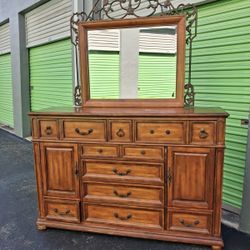 Wood Dresser With Ornate Mirror 