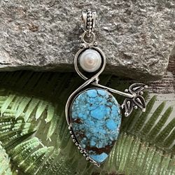 Teardrop Turquoise & Pearl Gemstone 2.5” Pendant