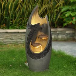 LuxenHome Resin Modern Tiered Patio Fountain with LED Lights,F879