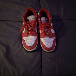 red and white Nike low dunks