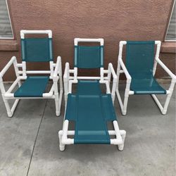 3Pcs. Outdoor Furnitures. One (1) Lounge Chair and Two (2) Single Chairs. Material: PVC   Color: White & Aqua.