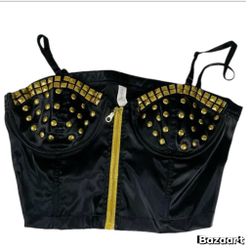 New Sz S studded Bralet Corset Black Gold Zip Front