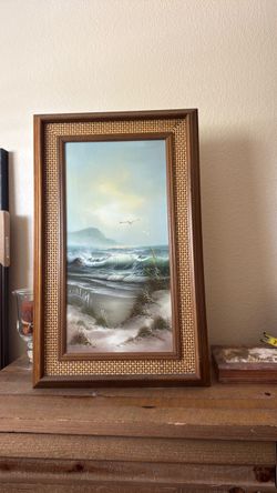 Jim Garcia Seascape Oil Painting in Woven Wood Frame