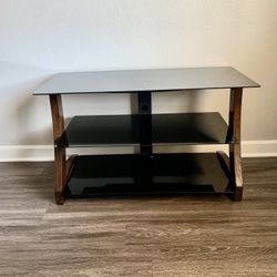 Walnut Oak Wood And Black Tempered Glass 3 Tier TV Stand