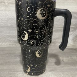 Wild Eye Sun Moon Stars Celestial Black Gold 30 oz Steel Tumbler Handle Sip Lid