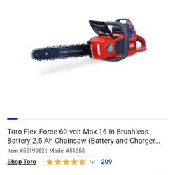 🆕️Toro Flex-Force 60-volt Max 16-in Brushless Battery 2.5 Ah Chainsaw (Battery and Charger Included