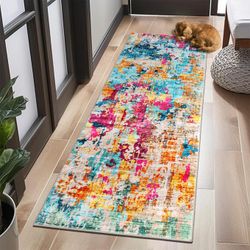 Runner Rug 2x8, Colorful Modern Abstract Washable Kitchen Runners for Hallway Laundry Room, Ultra-Thin Soft Non-Slip Rug Runners for Entryway Bedroom 