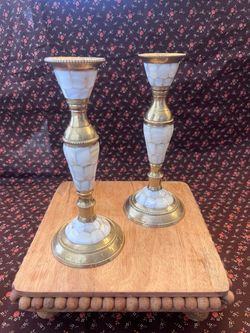 Vintage brass and mosaic mother of pearl candlestick holders