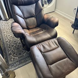 Brown faux leather chair and stool 