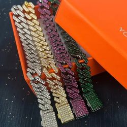 4-Pcs Fully Iced 14K Gold Plated/Rhodium Plated  Cubic Zirconia Gold, Silver, Green, Purple Cuban Chain Bracelet Set 