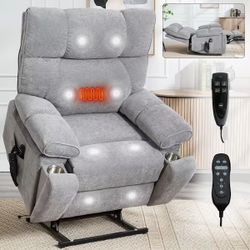 New Grey Oversized Dual Motor Power Lift Recliner Sofa with Heat and Massage, 2-Pocket Cup Holders