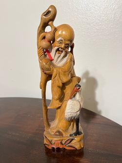 Hand-Carved Wood Shou Lao Figurine with Crane