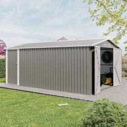 New In Box 10x14 FT Outdoor Storage Shed, Large Metal Garden Shed with Side Door, Outside Tool Sheds with 3 Lockable Hinged Doors