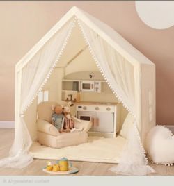 Monobeach Play Tent with Long Mesh Curtain Large Playhouse (Beige Kids Tent)