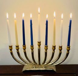 Vintage-Hanukkah  menorah- bi metal contrast-Silver & gold-cast brass w nickel