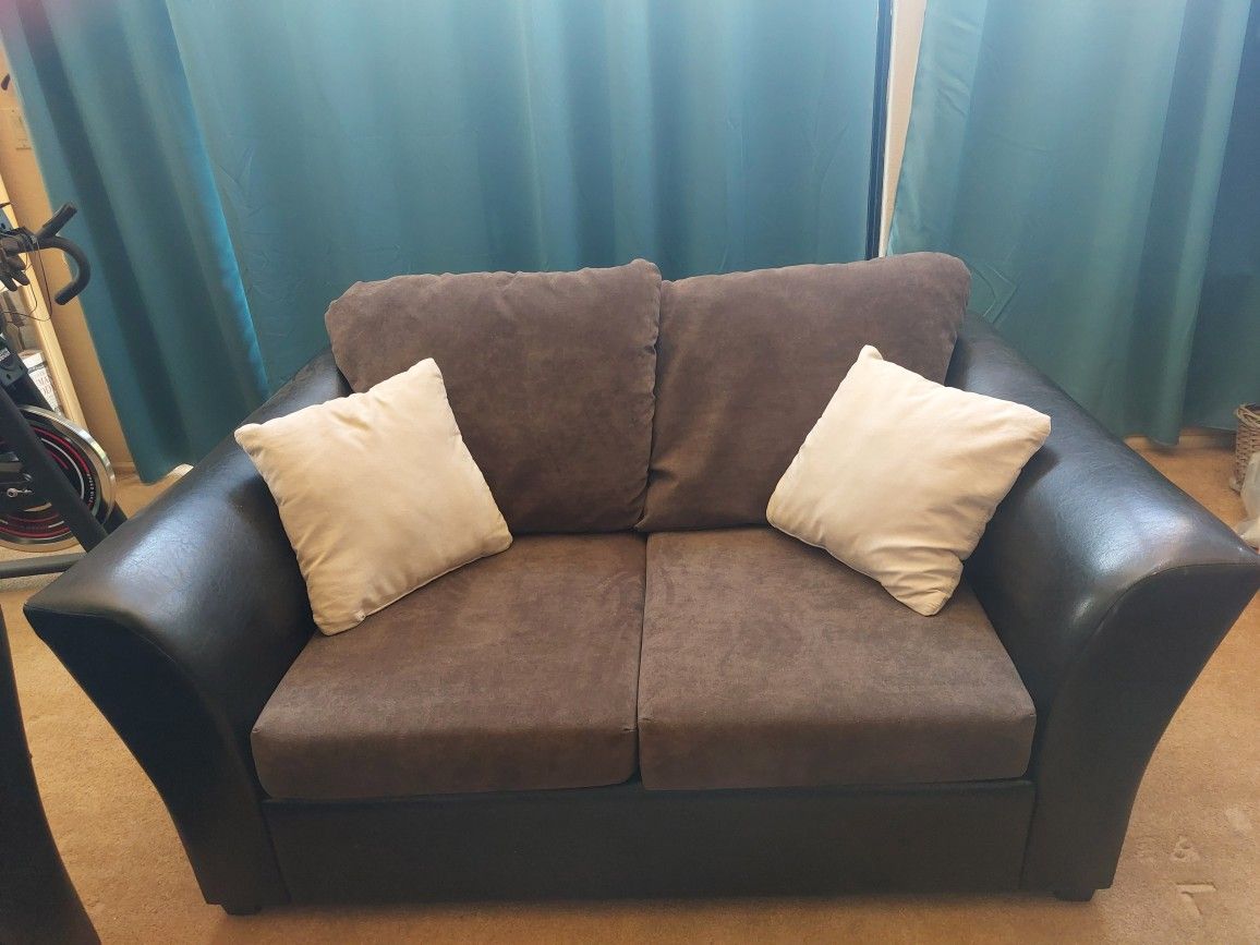 Gray Loveseat with Leather-Look Arms - Perfect Condition $175