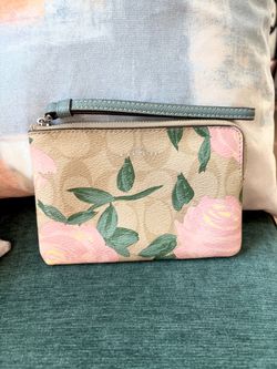 Coach Canvas Wristlet Wallet With Floral Print And Signature Logo