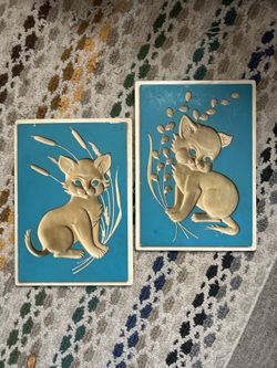 RARE Vintage 1961 Richter Chalkware Blue Eyed Cats Mid Century Wall Hanging Art