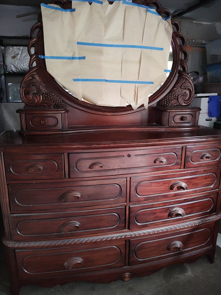 Heavy Solid Wood Dresser With Oval Mirror 