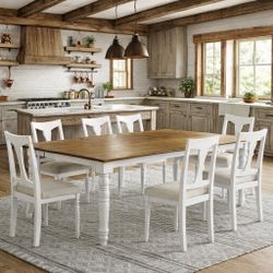 Dining Table Set 7, 60inch to 78inch Extendable Wood Dining Table with Removable Leaf, Kitchen Table Set with 6 Upholstered Side Chair, Dining Table