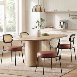 Set of 4 Dining Chairs, Boho PE Rattan Back Synthetic Leather Upholstered Accent Chairs, for Kitchen Living Room, Coffee Brown