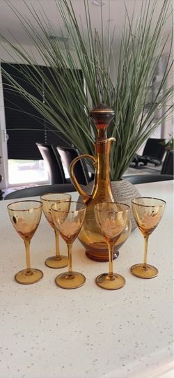 Amber Glass Decanter Set with 5 Stemmed Glasses