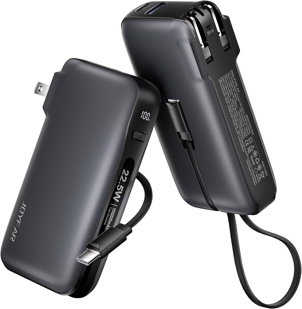 22.5W Portable Charger with Built-in USB-C Cable & Wall Plug, 10,000mAh Fast Charging USB C Power Bank, Travel Essential Battery Pack for iPhone 16/15