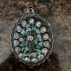 Turquoise & Rhinestones Oval Pendant, Native American Navajo Sterling Silver. 