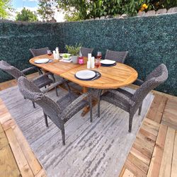 Oversized Renise Oval Teak Dining Table Set with 6 Wicker Chairs