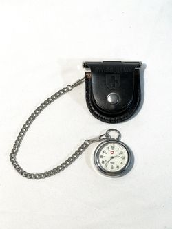 New (Swiss Army) battery operated pocket watch with leather case