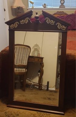 Large Dresser Mirror CHERRY And Light Wood Carving Accent