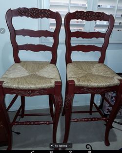 Set of 2 New Hand Carved Bar Height Chairs w/ Rush Seats