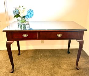 Solid Wood Desk w/ Glass Top - 2 Drawers, Keyboard Tray - $125