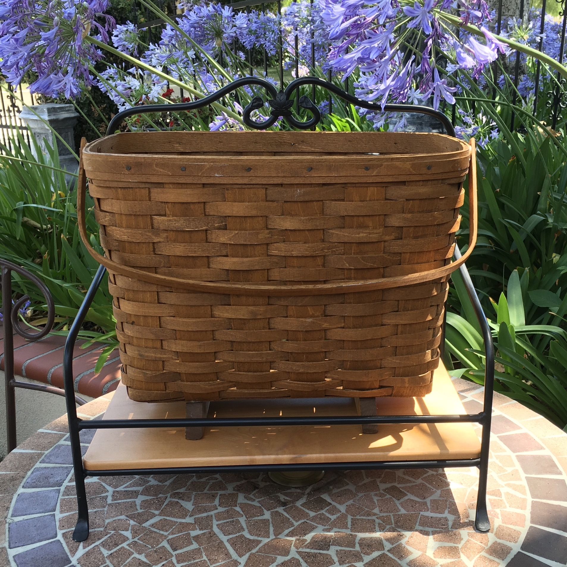 Longaberger Wrought Iron Newspaper Stand With Wood Shelf And Basket With Handle