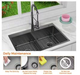 Brand New In box 33” Gunmetal Black Double Bowl Stainless Steel Kitchen Sink w/ Spring‑Neck Faucet – NIB