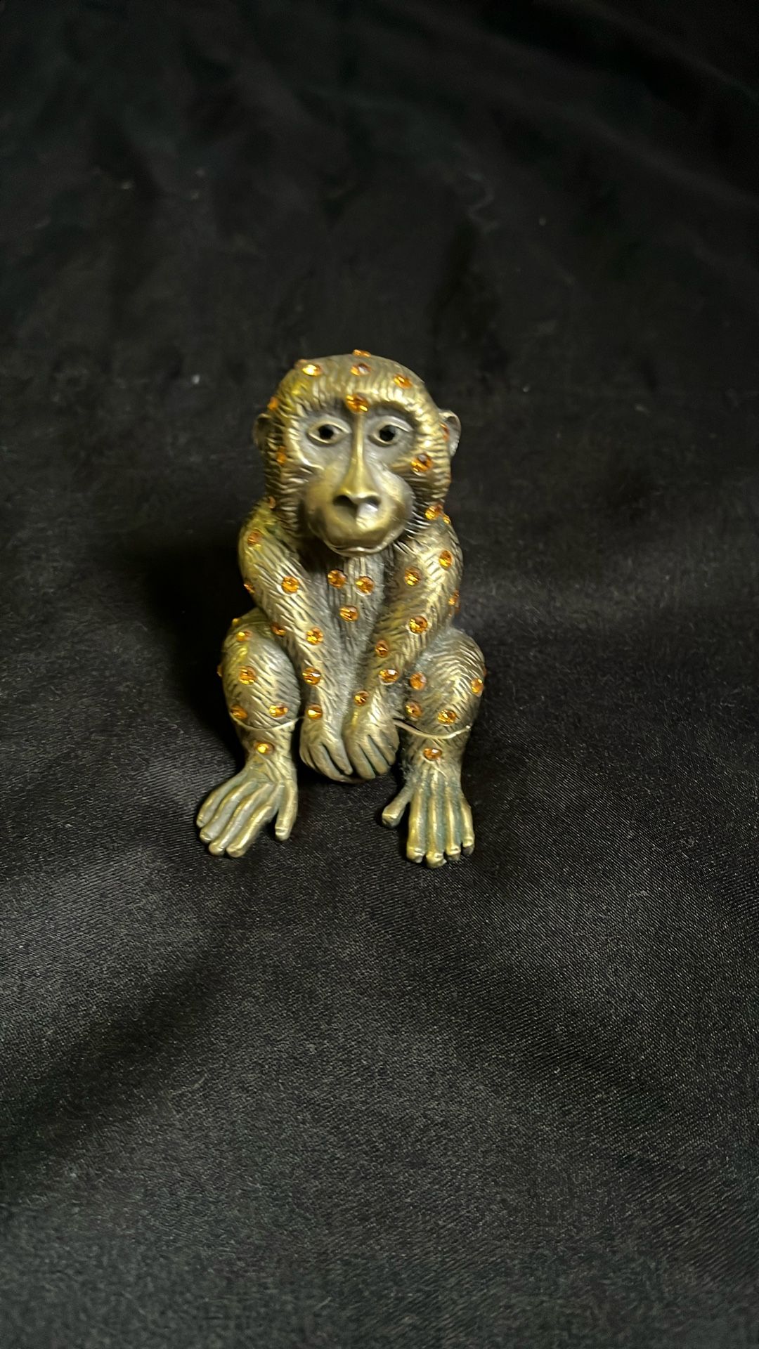 Antique Brass Monkey Tricker Box With Amber Jewels