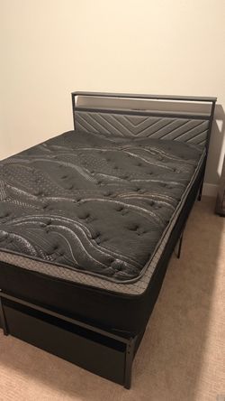 Metal Queen Size Bed Frame with Upholstered Headboard