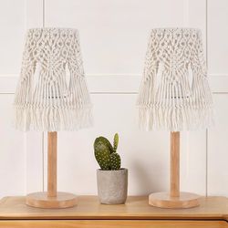 Set of 2 Bohemian 16" Tall Table Lamp with Handwoven Macrame Shade & Solid Wood Base