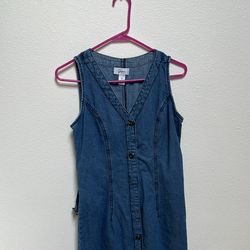 Blue denim sleeveless dress with front buttons and attached belt